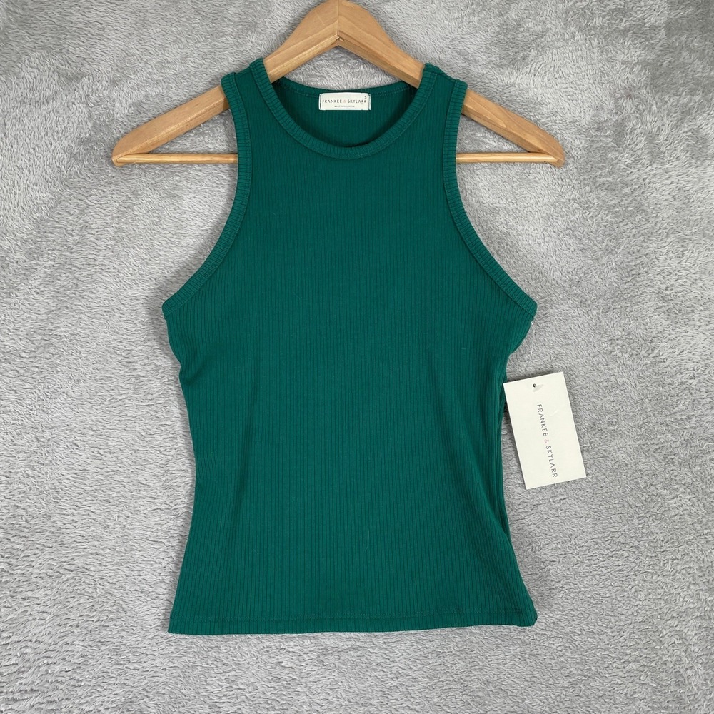 Frankee & Skylarr Tank Top Womens‎ Small Green Ribbed High Neck Racerback Basic